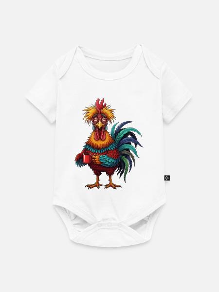Lebhafter Hahn mit Kaffeetasse - Baby Premium Kurzarmbody - Weiß