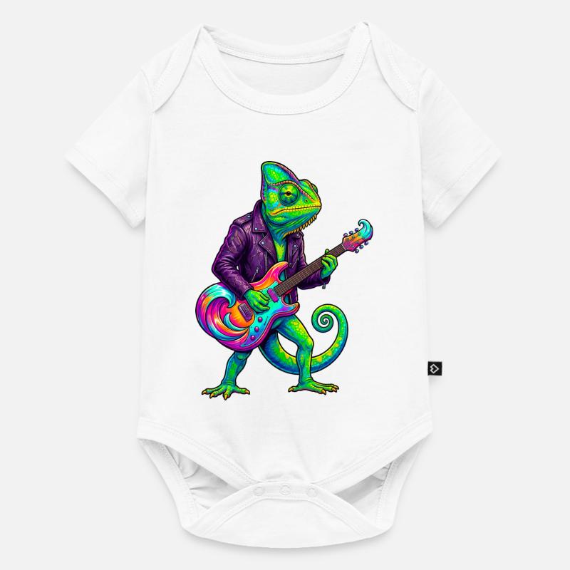Chamäleon in Lederjacke und Neon E-Gitarre - Baby Premium Kurzarmbody - Weiß