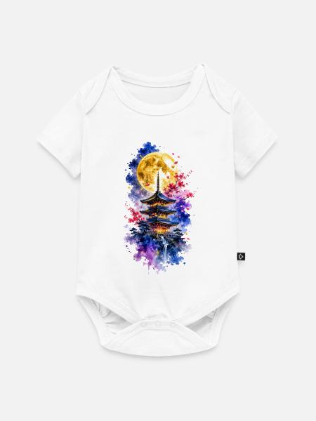 Japan Pagode Vollmond Sakura Aquarell - Baby Premium Kurzarmbody - Weiß