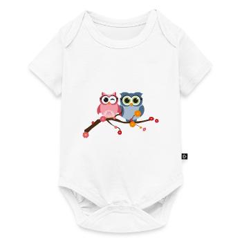 Two cute owls birds on a branch with flowers - Baby Premium short-sleeve bodysuit - white - Front