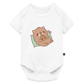 Cute Brown Bear Eating Mushroom Pizza - Baby Premium short-sleeve bodysuit - white - Front