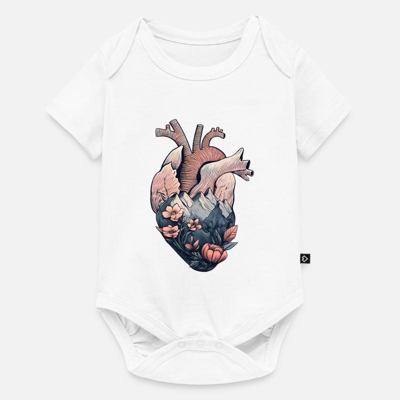 Cœur anatomique avec montagnes et fleurs - Body à manches courtes Premium Bébé - blanc