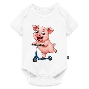Schwein Roller Scooter Lustiges Bauernhof Motiv - Baby Premium Kurzarmbody - Weiß - Vorne
