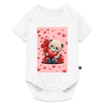 Mignon ours en peluche avec des fleurs et des cœurs rouges - Body à manches courtes Premium Bébé - blanc - Devant