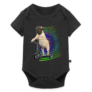 Escooter Mops mit Blumenkranz Electricscooter - Baby Premium Kurzarmbody - Schwarz - Vorne