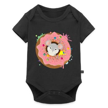 grey mouse sitting in the donut with pink glaze - Baby Premium short-sleeve bodysuit - black - Front
