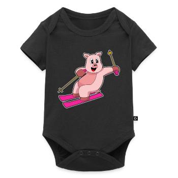 Schwein Skifahrer Ski - Baby Premium Kurzarmbody - Schwarz - Vorne