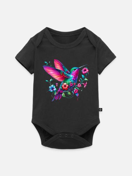 Kolibri mit Blumen geschmückt - Baby Premium Kurzarmbody - Schwarz