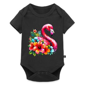 Flamant rose décoré de fleurs d’hibiscus - Body à manches courtes Premium Bébé - noir - Devant