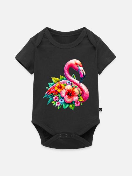 Flamingo verziert mit Hibiskusblüten - Baby Premium Kurzarmbody - Schwarz