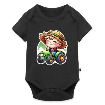 Petit garçon au chapeau de paille conduisant un tracteur vert - Body à manches courtes Premium Bébé - noir - Devant