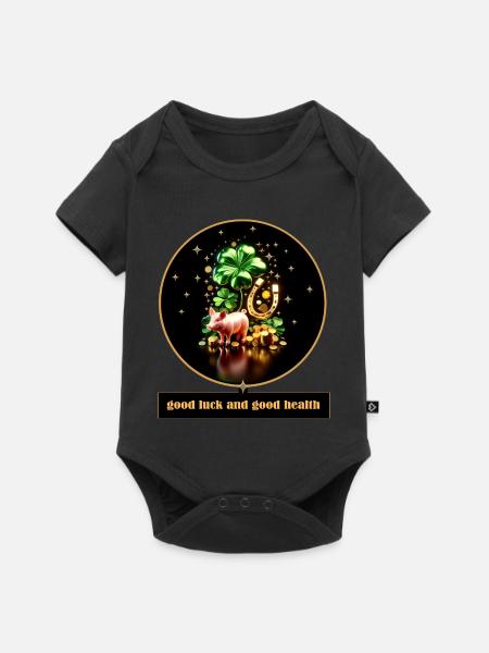 Cochon chanceux avec trèfle et pièces de monnaie - Body à manches courtes Premium Bébé - noir