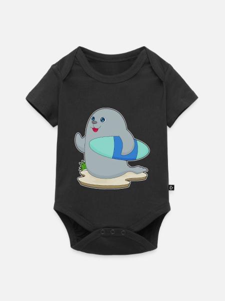 Seehund Surfen Surfbrett Sommer - Baby Premium Kurzarmbody - Schwarz