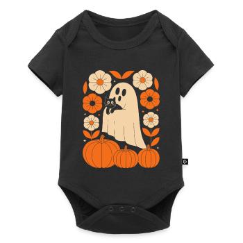 Geist Kürbis Katze Vintage Blumen Halloween Herbst - Baby Premium Kurzarmbody - Schwarz - Vorne