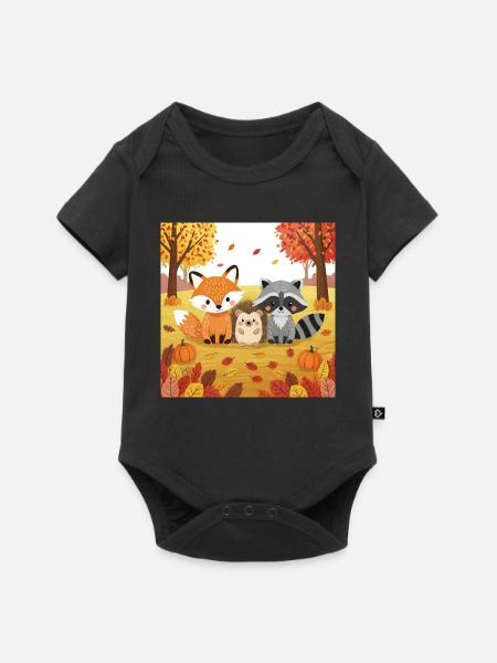 Herbstliche Waldtiere Illustration - Baby Premium Kurzarmbody - Schwarz