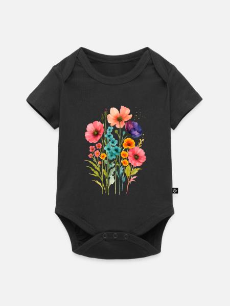 Aquarell Wildblumen Boho  - Baby Premium Kurzarmbody - Schwarz