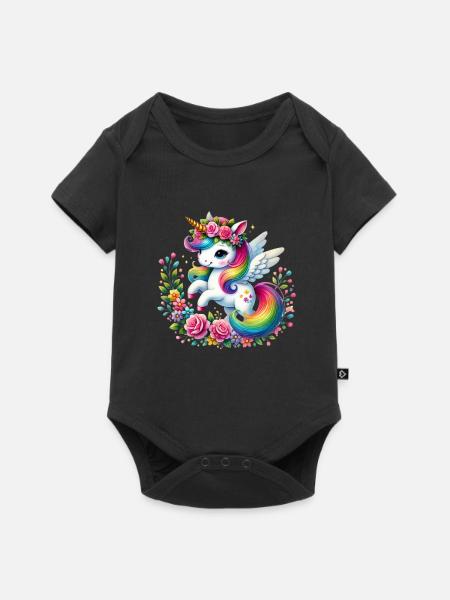 Regenbogen Fleur Einhorn - Baby Premium Kurzarmbody - Schwarz