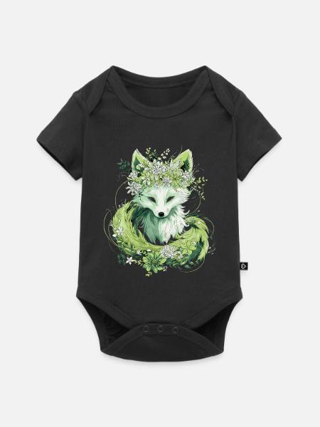 Kitsune Fuchs Boho Blumen Natur - Baby Premium Kurzarmbody - Schwarz