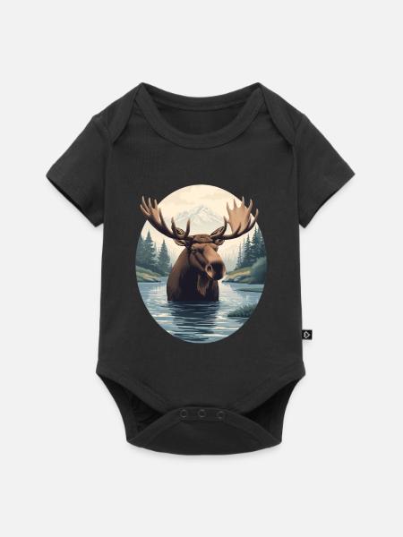 Elchillustration in Bergfluss-Landschaft - Baby Premium Kurzarmbody - Schwarz