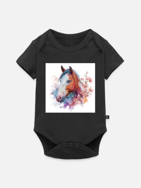 Aquarell Pferdeblüten-Porträt - Baby Premium Kurzarmbody - Schwarz