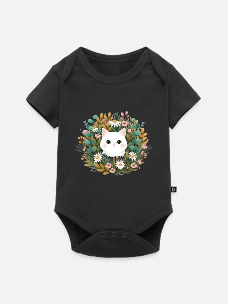 Katzenkopf im Blumenkranz - Baby Premium Kurzarmbody - Schwarz