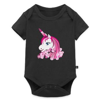 Pink unicorn with flower crown - Baby Premium short-sleeve bodysuit - black - Front
