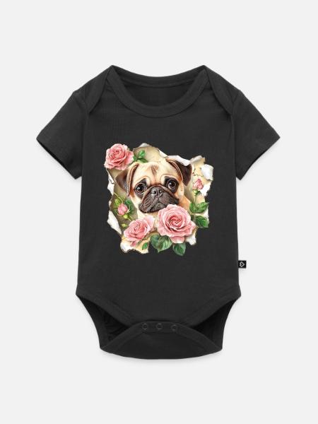 Mops mit Rosen - Baby Premium Kurzarmbody - Schwarz