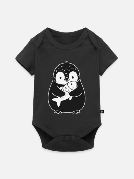Süßer Pinguin Mit Fisch - Baby Premium Kurzarmbody - Schwarz
