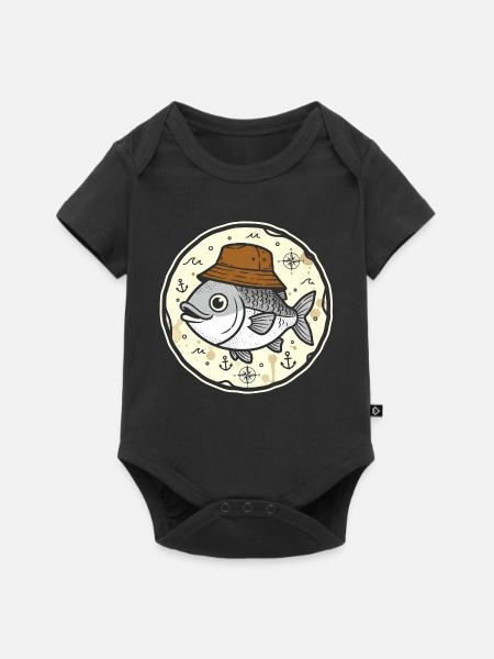 Fisch mit Hut im Nautik-Rundlogo - Baby Premium Kurzarmbody - Schwarz