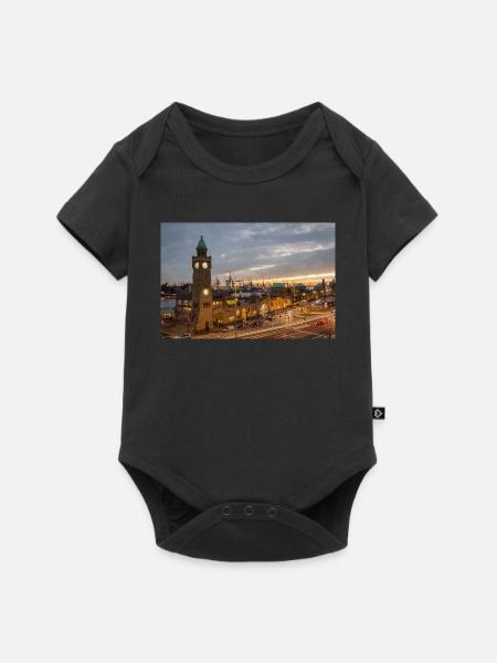 Landungsbrücken am Abend - Poster - Baby Premium Kurzarmbody - Schwarz