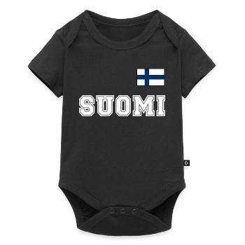 FINNLAND - SUOMI Trikot Look - Flagge auf Brust - Baby Premium Kurzarmbody - Schwarz - Vorne