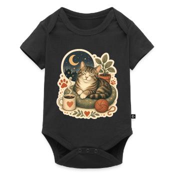 Gemütliche Katze Kaffee Garn - Baby Premium Kurzarmbody - Schwarz - Vorne
