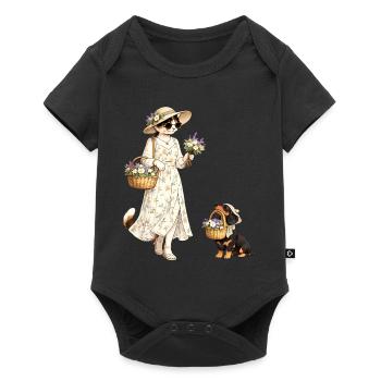 Blumenkatze & Dackel im Cottagecore-Stil - Baby Premium Kurzarmbody - Schwarz - Vorne