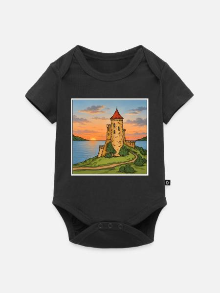 Sonnenuntergangsburg am Meer - Baby Premium Kurzarmbody - Schwarz