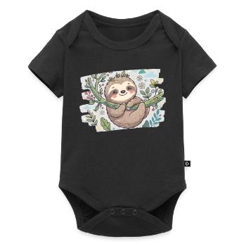 Niedliches Faultier auf Ast mit Blumen - Baby Premium Kurzarmbody - Schwarz - Vorne