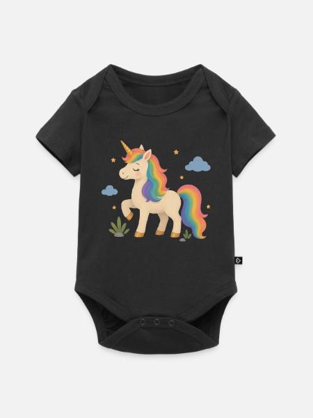 Zauberhaftes Einhorn mit Regenbogenmähne - Baby Premium Kurzarmbody - Schwarz