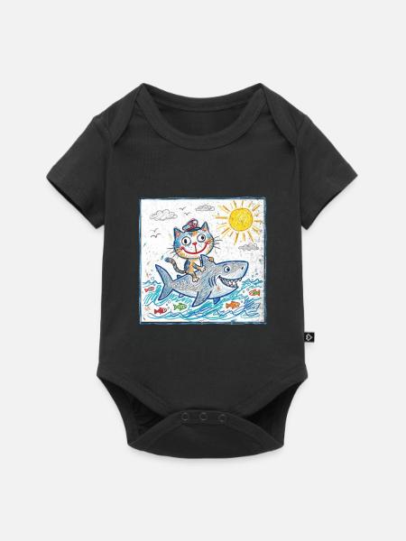 Katze reitet Haifisch - Baby Premium Kurzarmbody - Schwarz