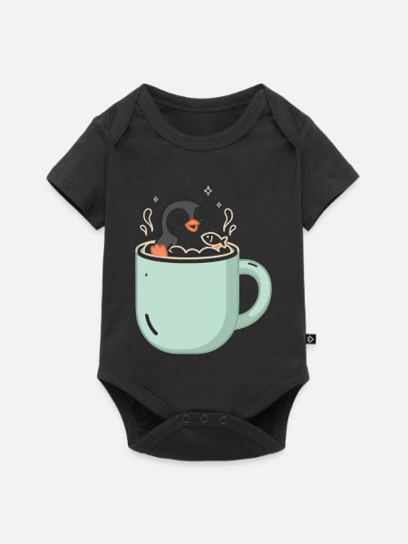 Pinguin In Tasse Mit Fischmotiv - Baby Premium Kurzarmbody - Schwarz