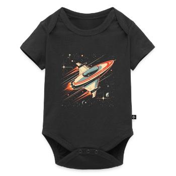 Retro-futuristisches weiß-orangefarbenes Raumschiff bewegt sich - Baby Premium Kurzarmbody - Schwarz - Vorne