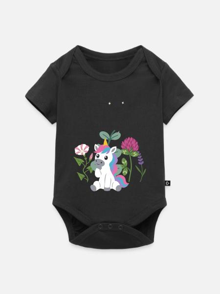 Einhorn Blumen Kinder märchenhaft Lavendel - Baby Premium Kurzarmbody - Schwarz