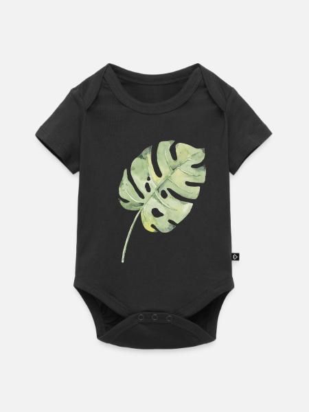 Monstera Blatt Aquarell Grün - Baby Premium Kurzarmbody - Schwarz