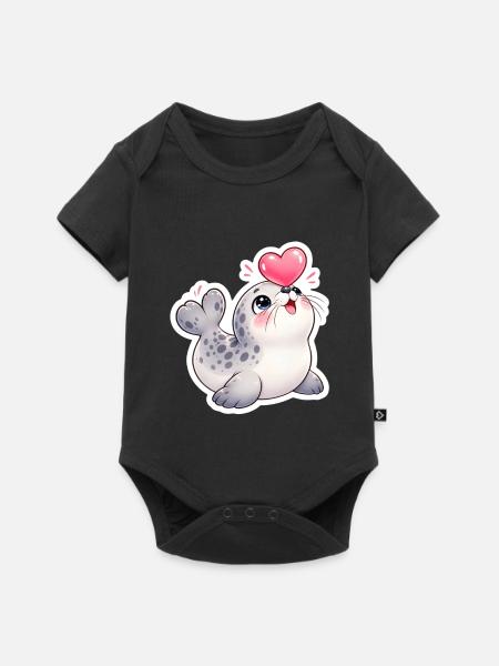 Herzige Robbe mit Ballonherz - Baby Premium Kurzarmbody - Schwarz