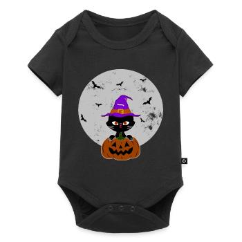 Halloween Katze Kürbis Hexenhut - Baby Premium Kurzarmbody - Schwarz - Vorne
