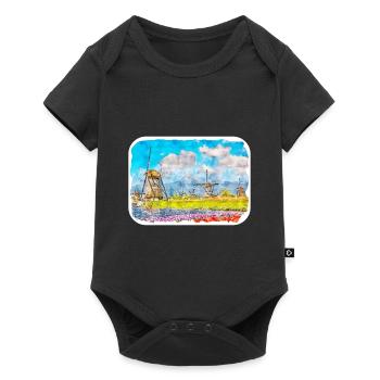Kinderdijk Moulins à vent Pays-Bas Aquarelle Dessin D - Body à manches courtes Premium Bébé - noir - Devant