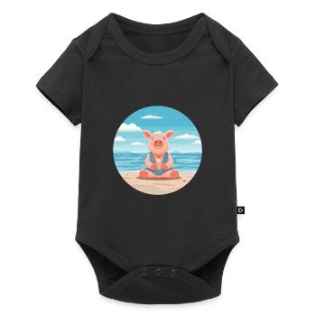 Pig Cartoon Yoga Beach Summer Illustration - Baby Premium short-sleeve bodysuit - black - Front