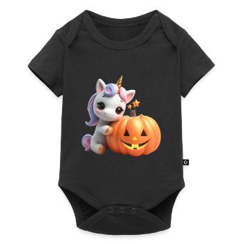 süßes Einhorn lehnt auf Kürbis halloween - Baby Premium Kurzarmbody - Schwarz - Vorne
