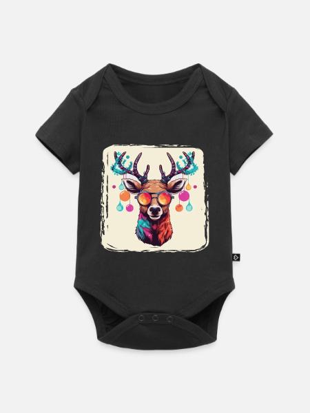 Rentier mit Weihnachtskugeln und Mütze - Baby Premium Kurzarmbody - Schwarz