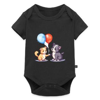 Dessin animé kawaii de chat et de chien jouant avec des ballons - Body à manches courtes Premium Bébé - noir - Devant