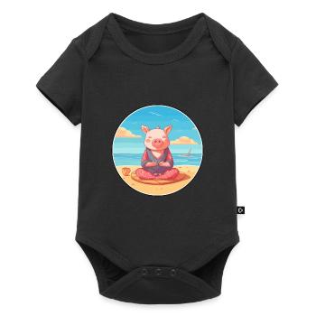 Pig Cartoon Yoga Beach Summer Illustration - Baby Premium short-sleeve bodysuit - black - Front