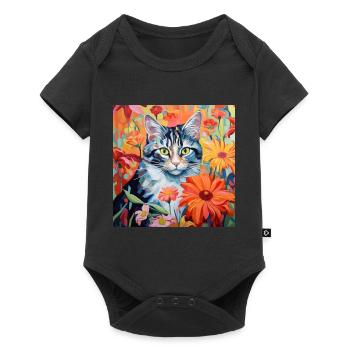 cat, cat motif, flowers, gift, gift idea - Baby Premium short-sleeve bodysuit - black - Front